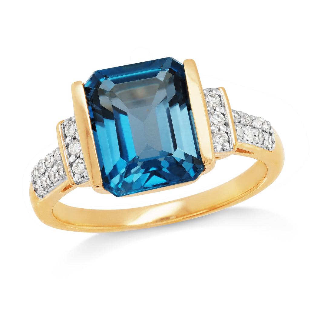 9ct Gold Emerald Cut London Blue Topaz & Diamond Ring TDW 0.