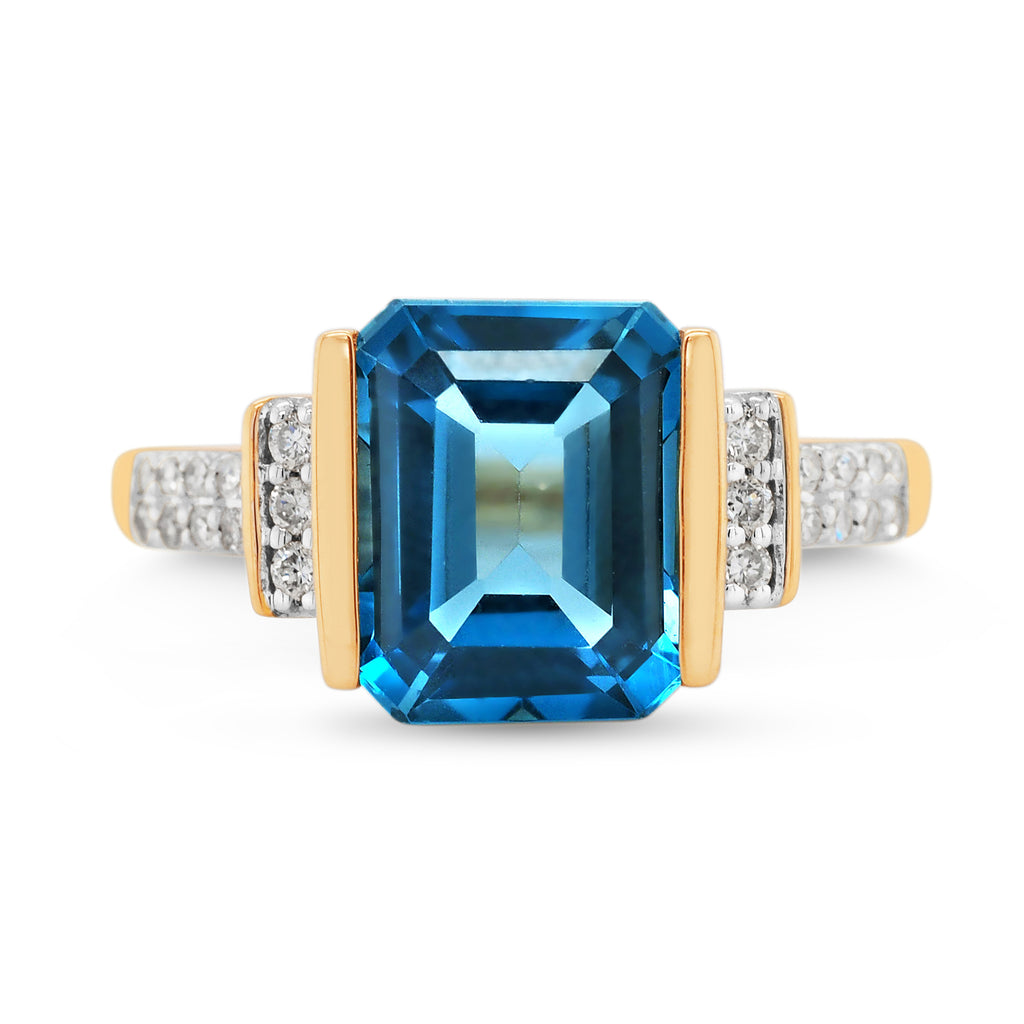 9ct Gold Emerald Cut London Blue Topaz & Diamond Ring TDW 0.