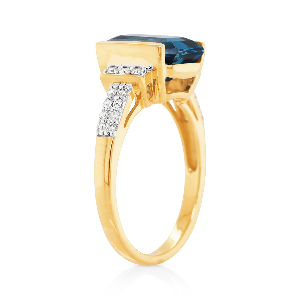 9ct Gold Emerald Cut London Blue Topaz & Diamond Ring TDW 0.