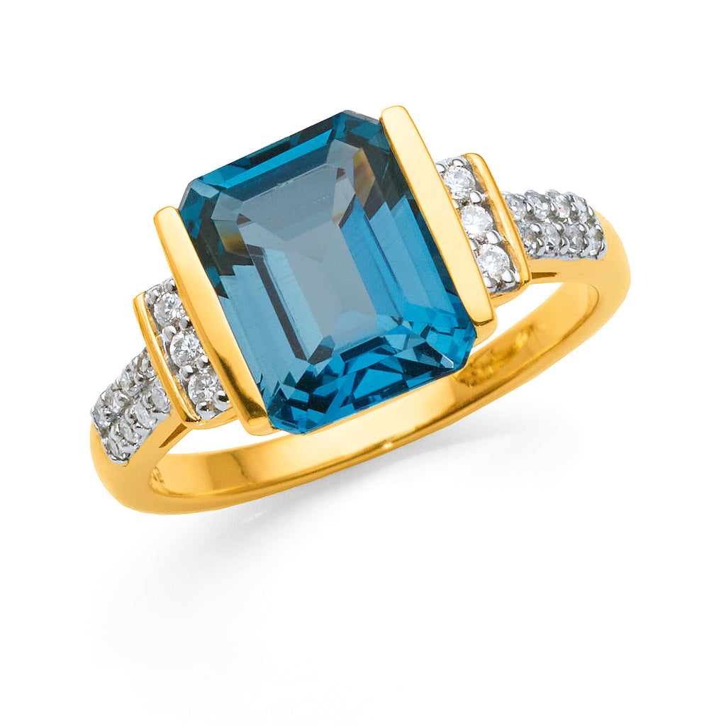 9ct Gold Emerald Cut London Blue Topaz & Diamond Ring TDW 0.