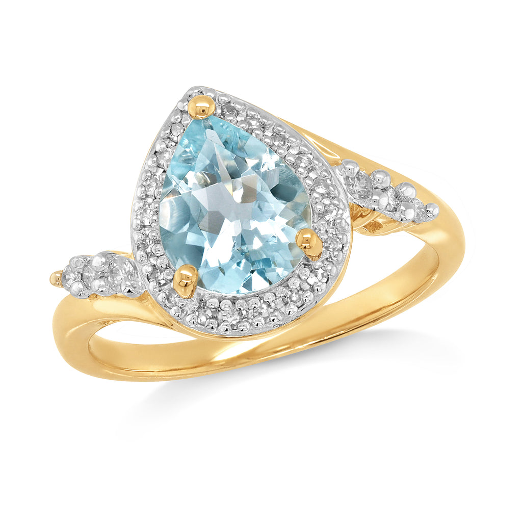 9ct Yellow Gold Pear Cut Aquamarine Diamond Halo Ring TDW 0.