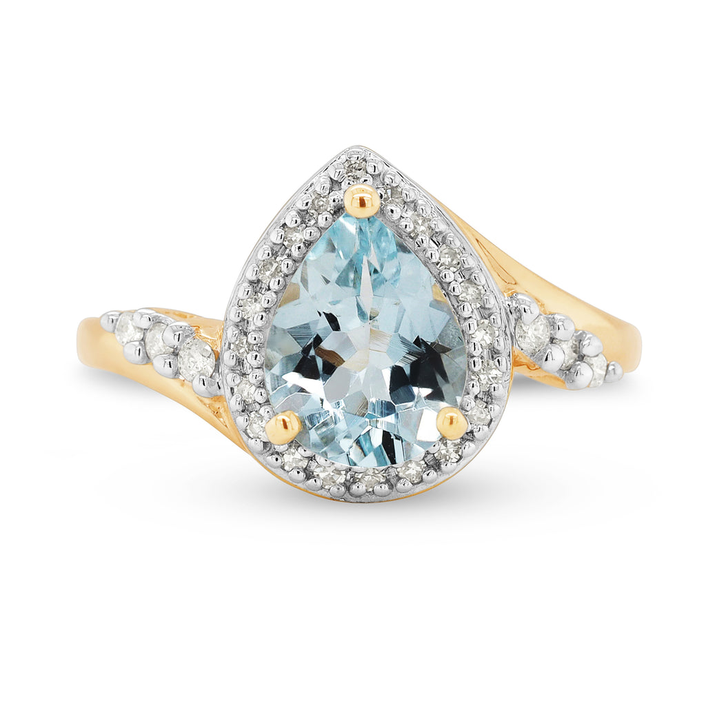 9ct Yellow Gold Pear Cut Aquamarine Diamond Halo Ring TDW 0.