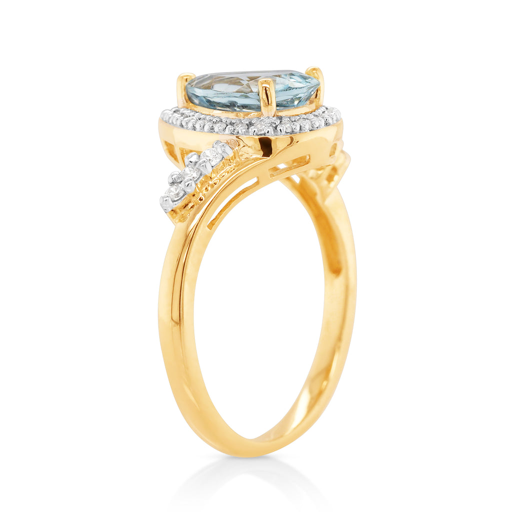 9ct Yellow Gold Pear Cut Aquamarine Diamond Halo Ring TDW 0.