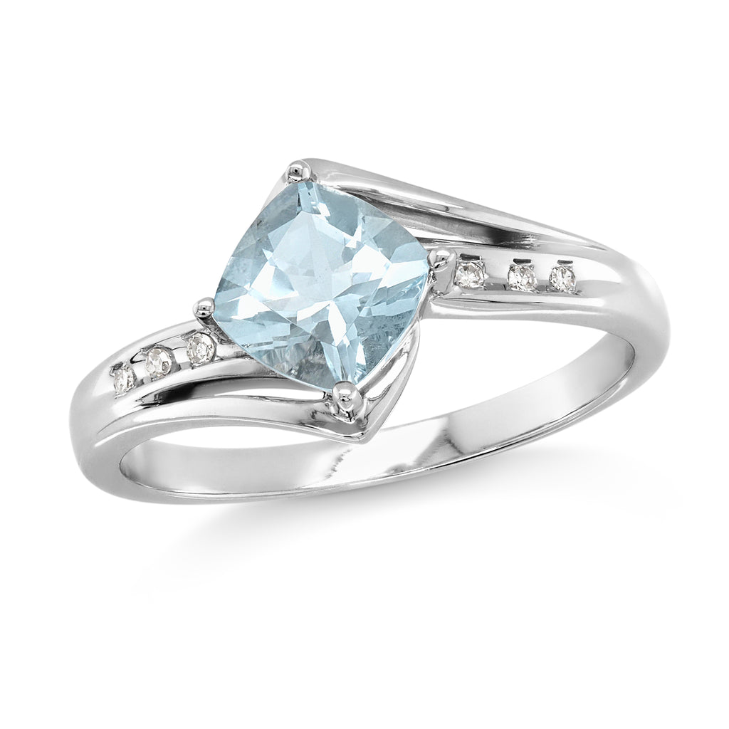 9ct White Gold Cushion Cut Aquamarine & Diamond Ring