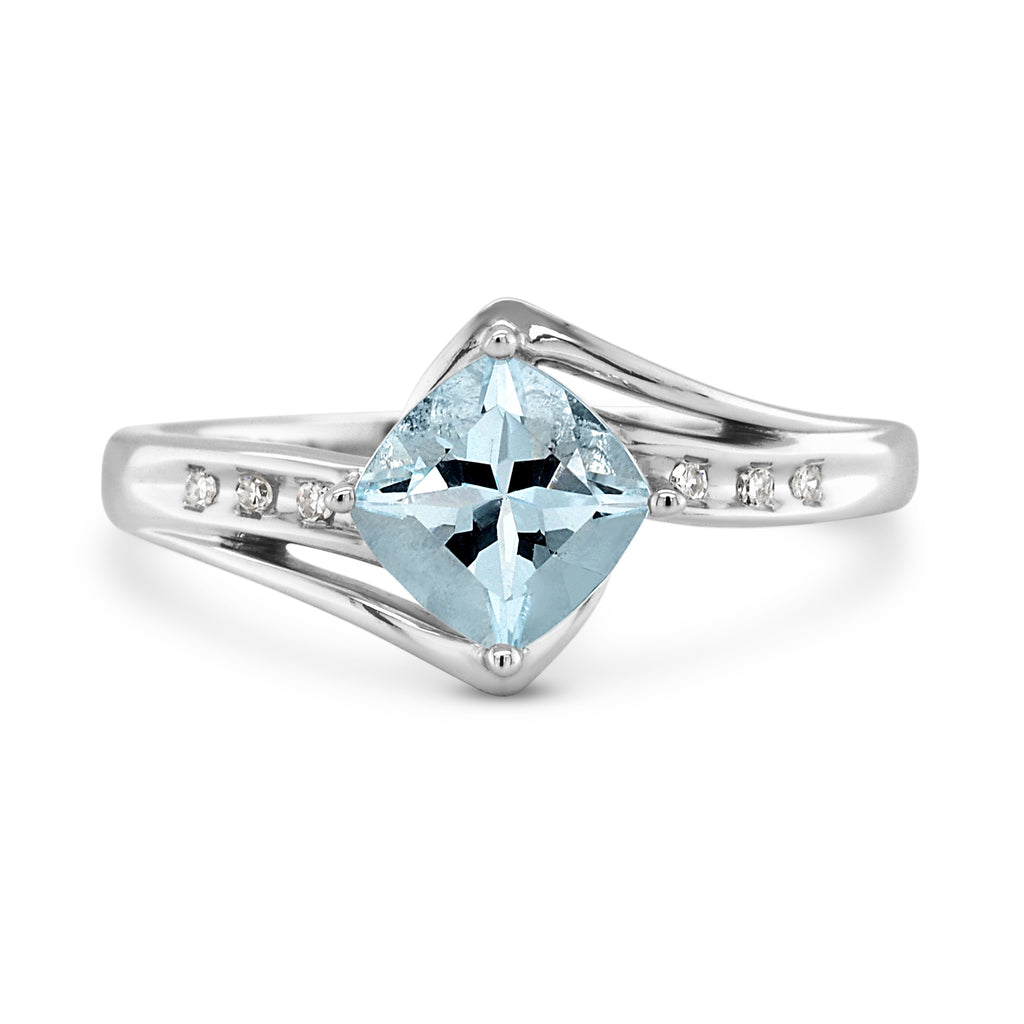 9ct White Gold Cushion Cut Aquamarine & Diamond Ring