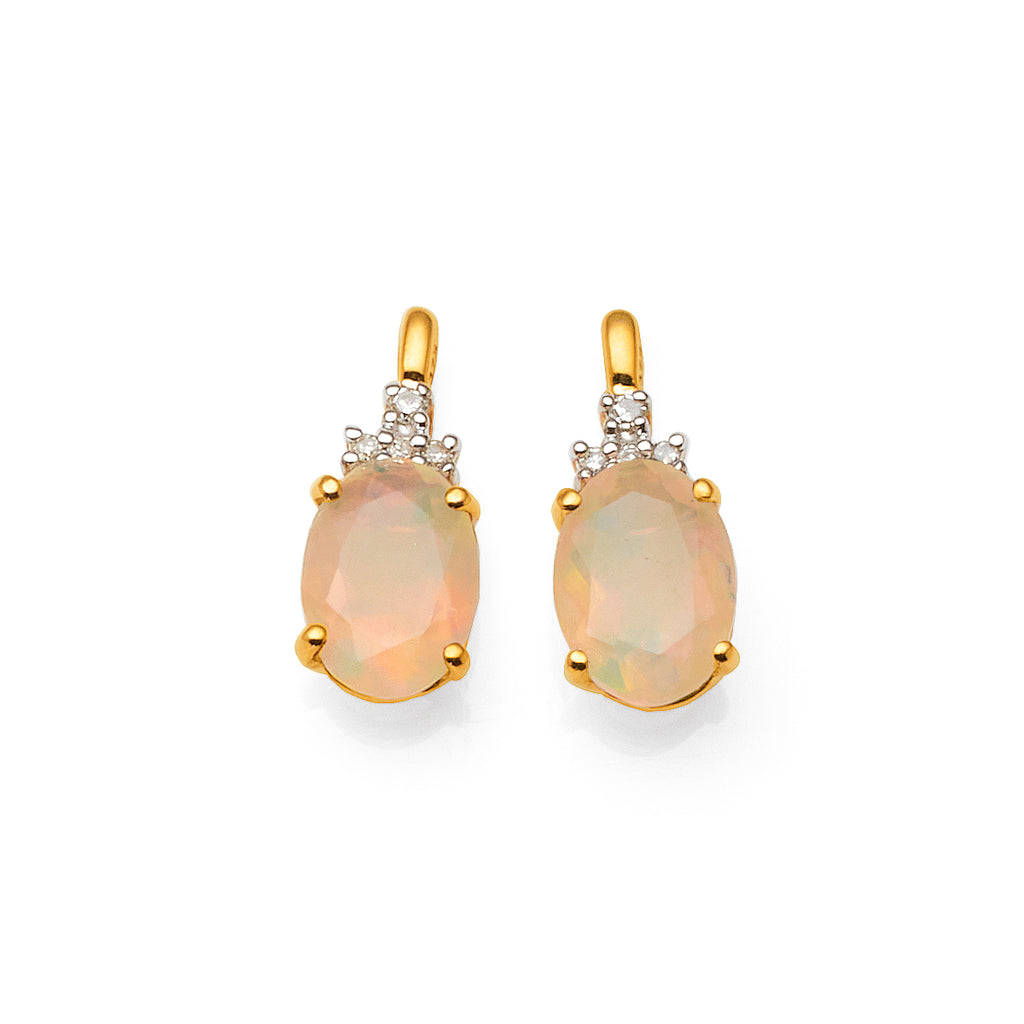 9ct Gold 7x5mm Oval Natural Opal & Diamond Stud Earrings