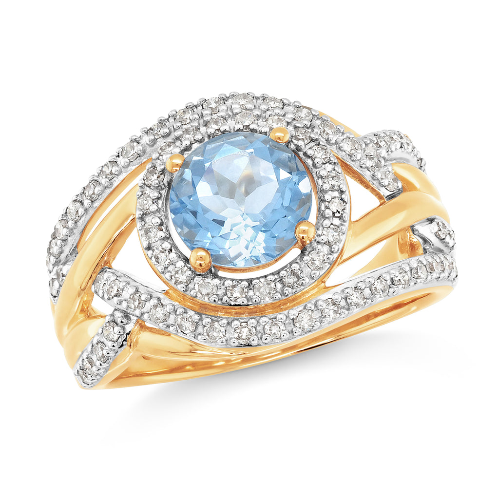 9ct Yellow Gold Hydro Blue Quartz & Diamond Halo Ring TDW 0.