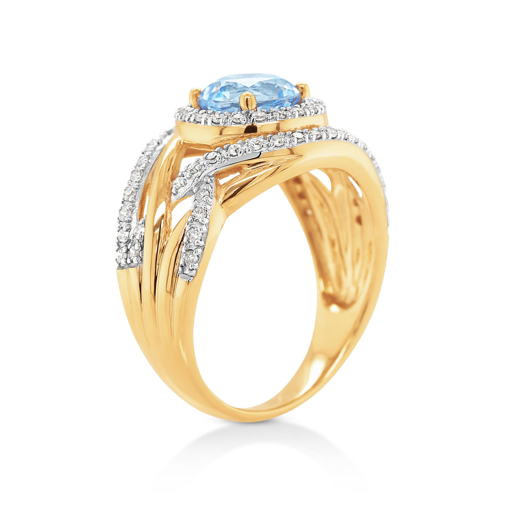 9ct Yellow Gold Hydro Blue Quartz & Diamond Halo Ring TDW 0.