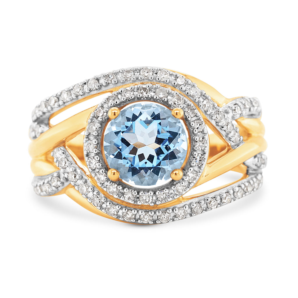 9ct Yellow Gold Hydro Blue Quartz & Diamond Halo Ring TDW 0.