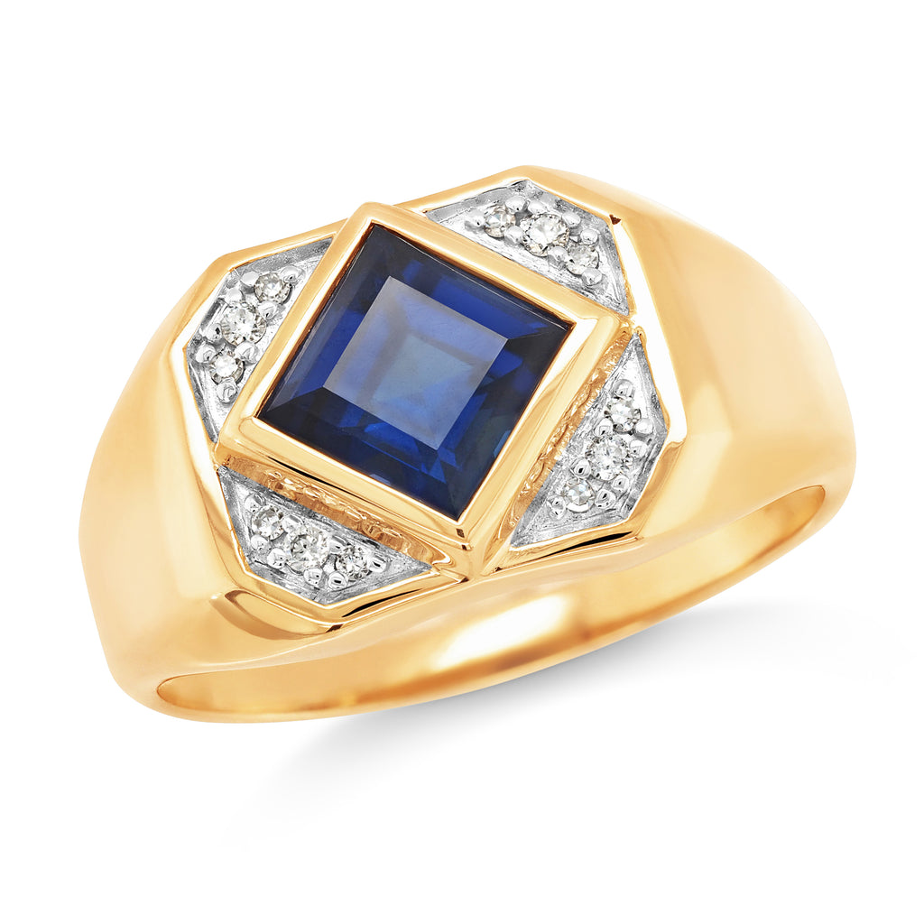 9ct Yellow Gold Created Sapphire & Diamond Signet Ring