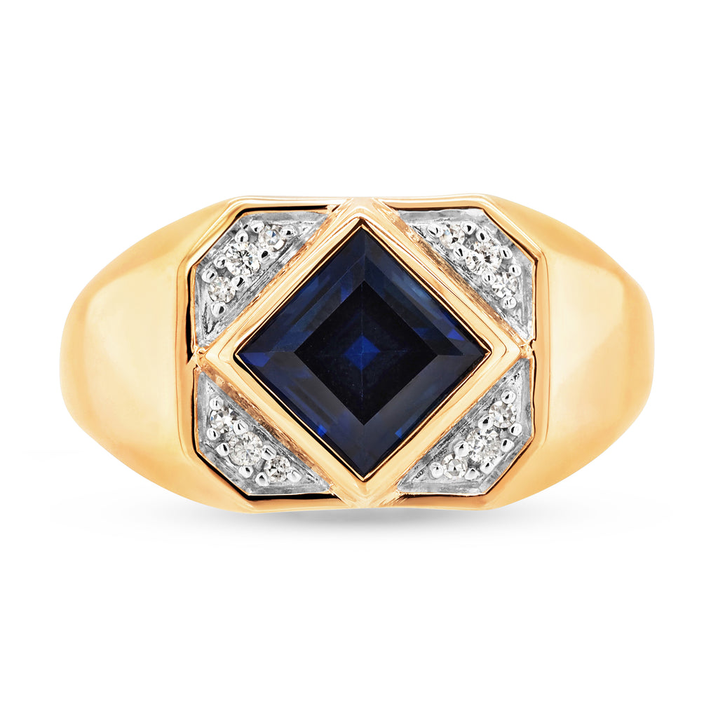 9ct Yellow Gold Created Sapphire & Diamond Signet Ring