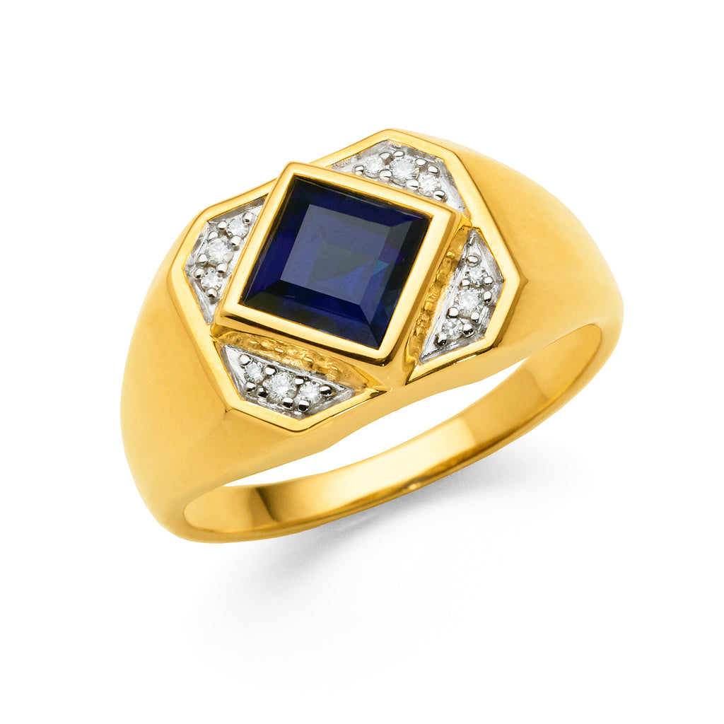 9ct Yellow Gold Created Sapphire & Diamond Signet Ring