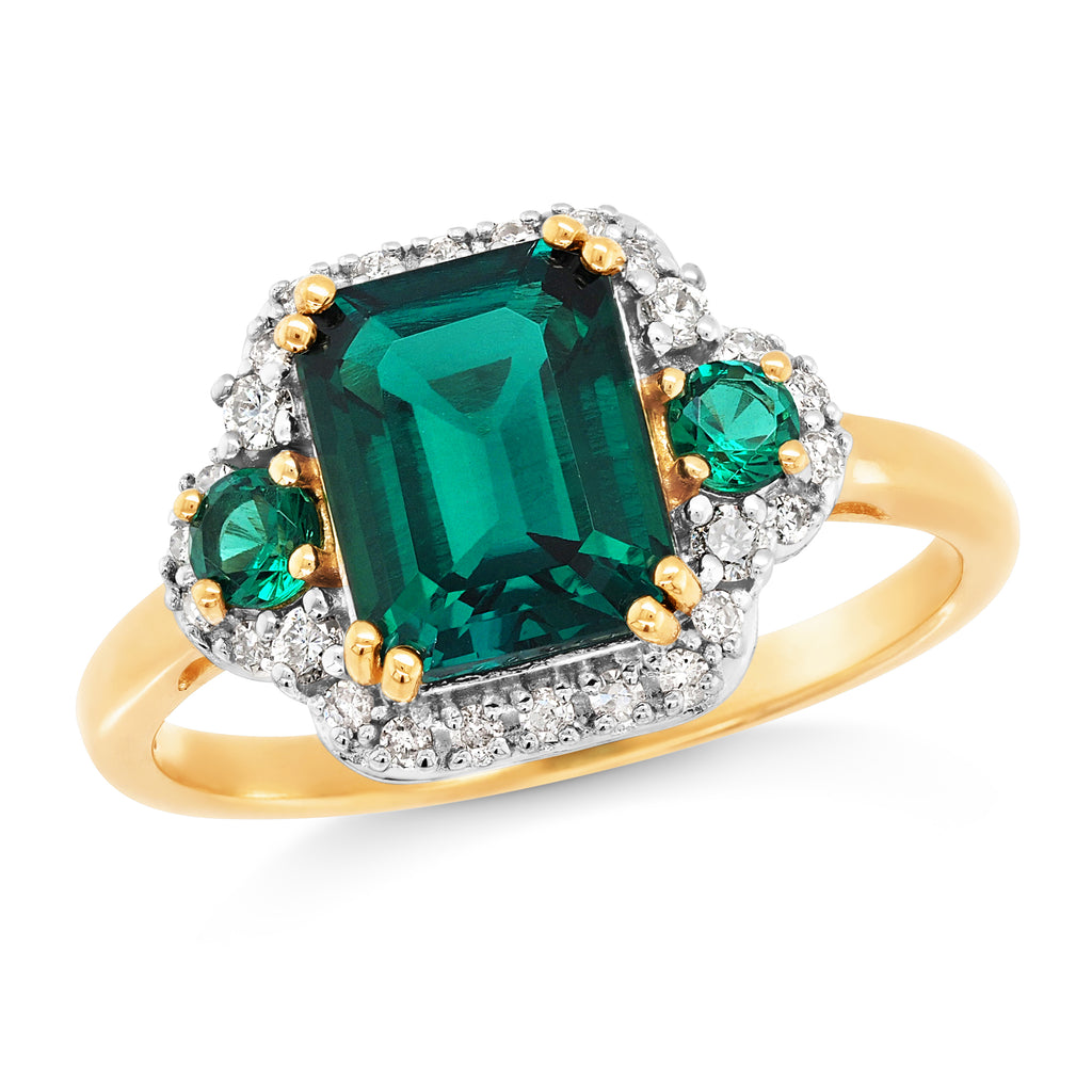 9ct Yellow Gold Emerald Cut Created Emerald & Diamond Halo R