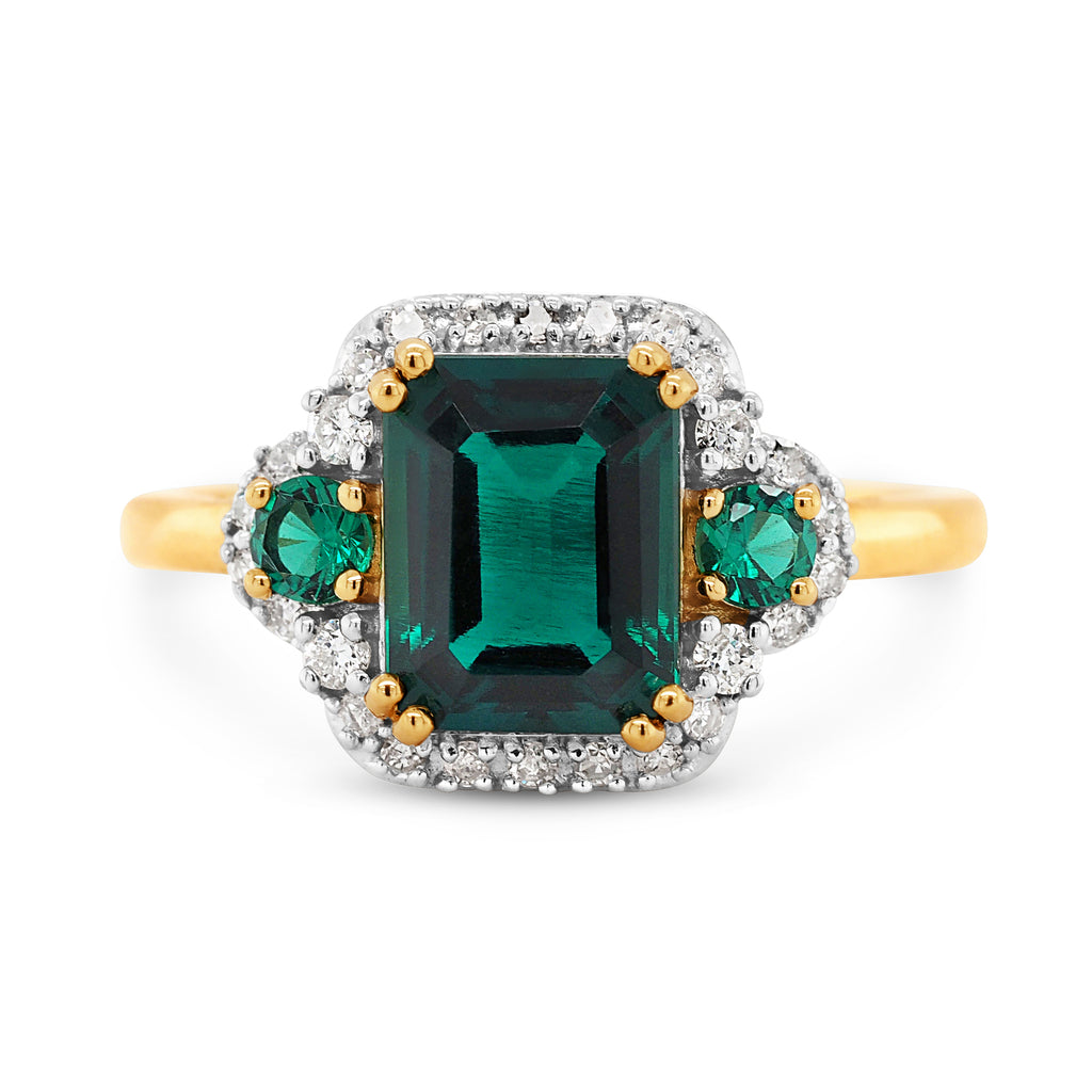 9ct Yellow Gold Emerald Cut Created Emerald & Diamond Halo R