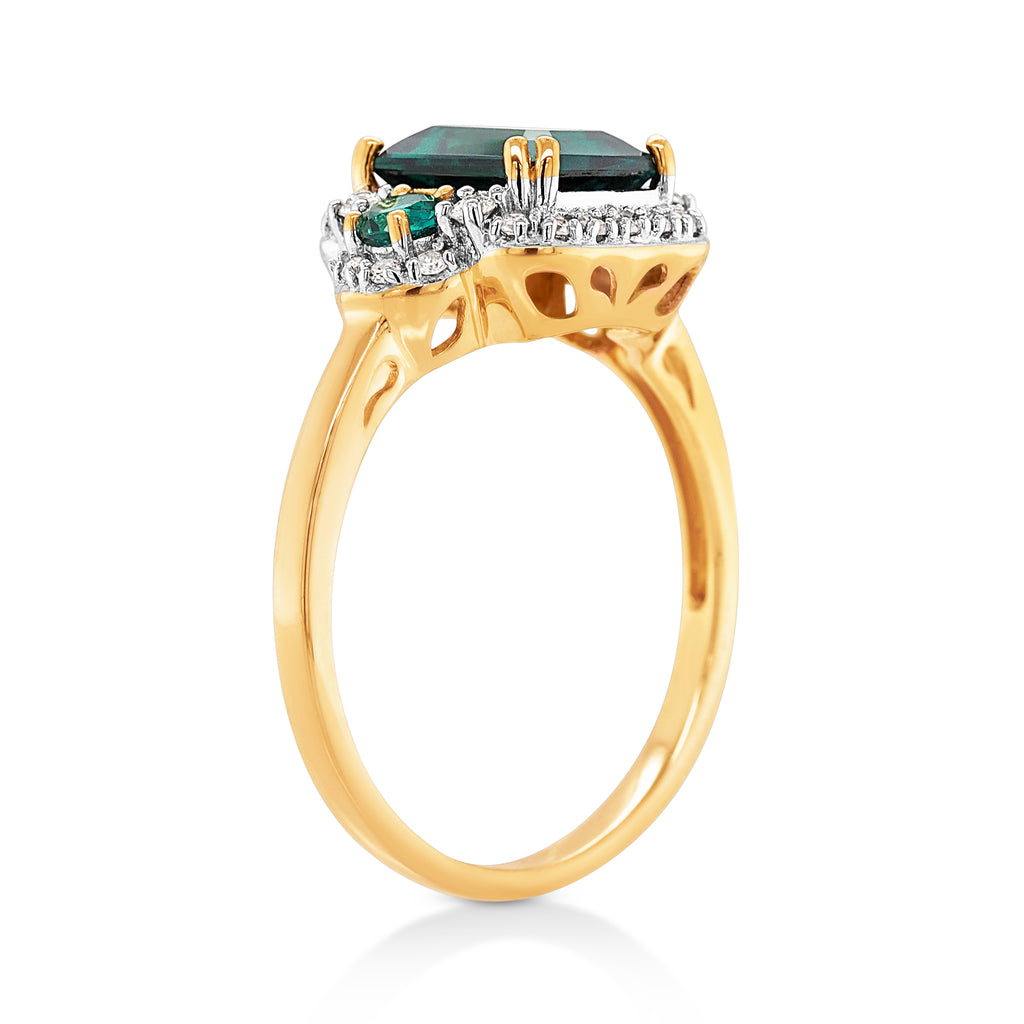 9ct Yellow Gold Emerald Cut Created Emerald & Diamond Halo R