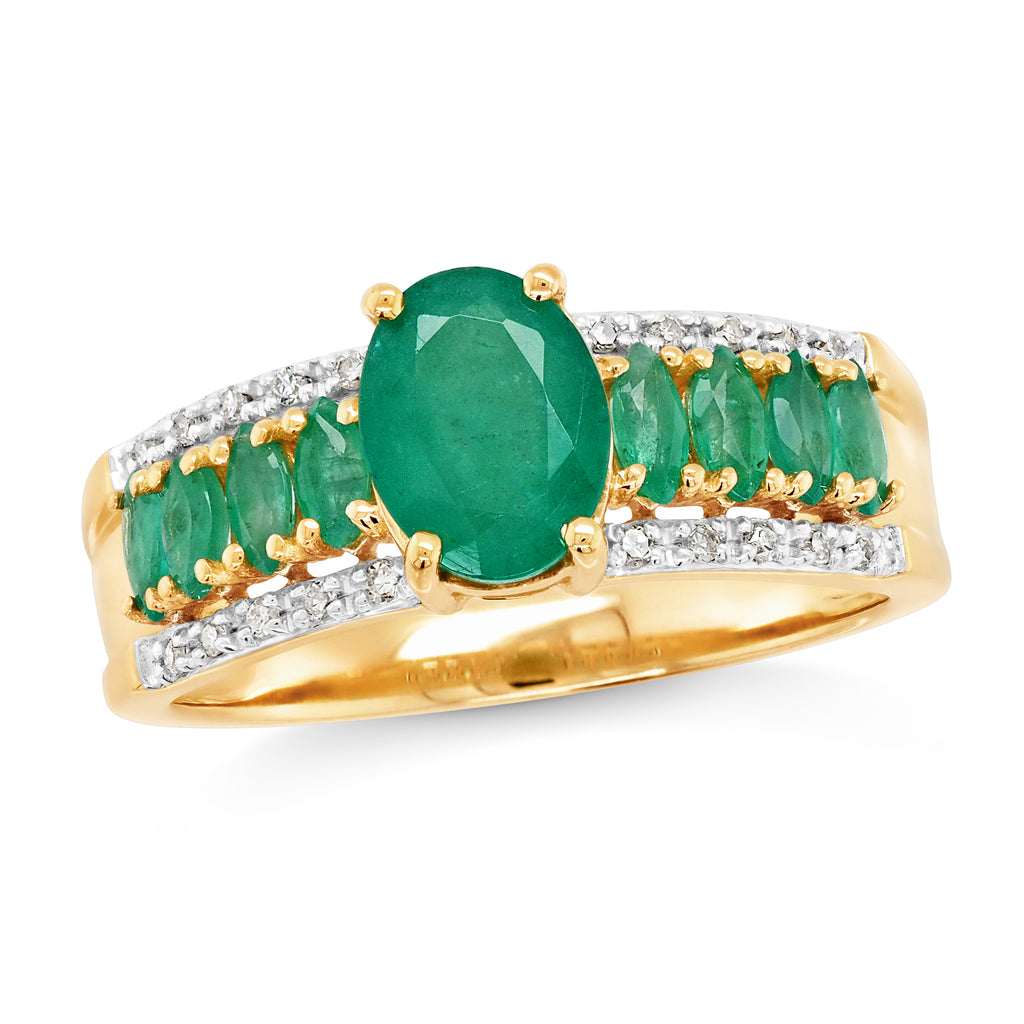 9ct Yellow Gold Oval & Marquise Emerald & Diamond Ring TDW 0