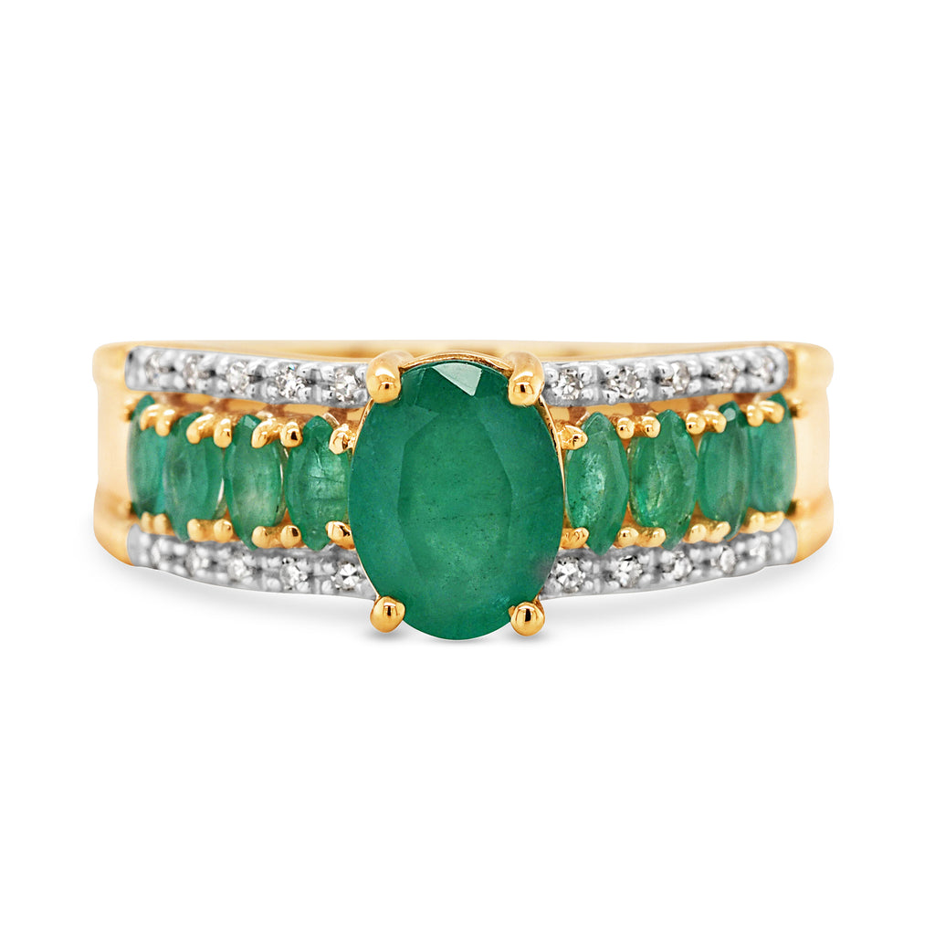 9ct Yellow Gold Oval & Marquise Emerald & Diamond Ring TDW 0