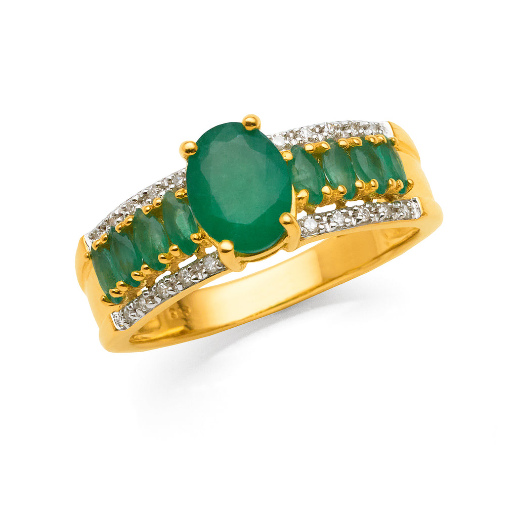 9ct Yellow Gold Oval & Marquise Emerald & Diamond Ring TDW 0