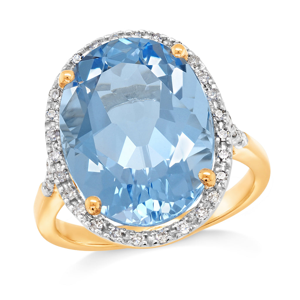 9ct Yellow Gold Oval Hydro Blue Quartz & Diamond Halo Ring