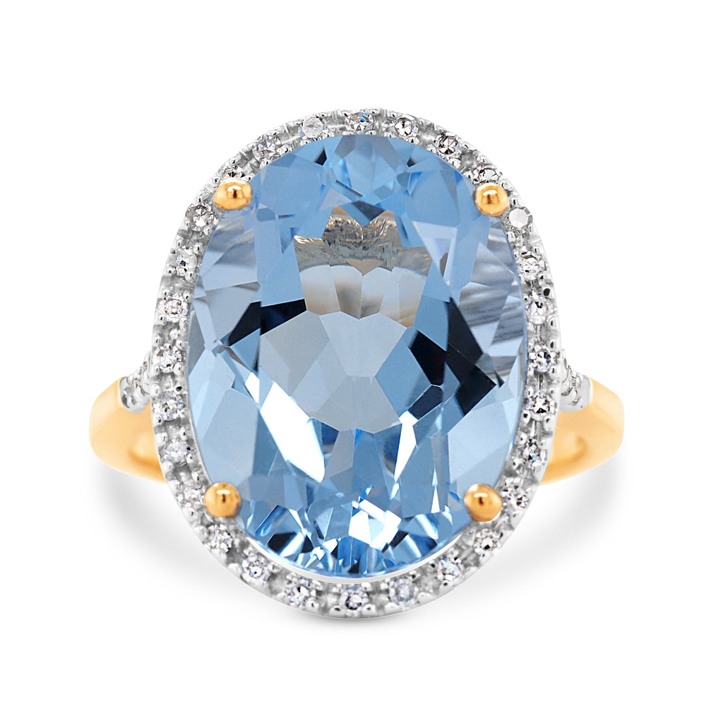 9ct Yellow Gold Oval Hydro Blue Quartz & Diamond Halo Ring