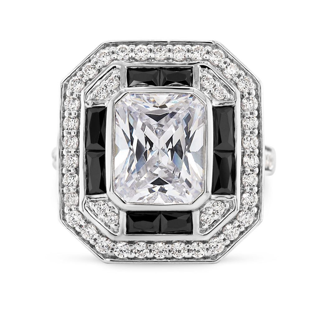 Sterling Silver Emerald Radiant Cut White & Black Cubic Zirc