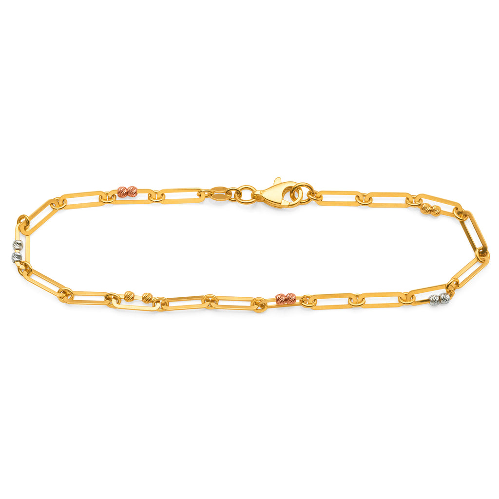 9ct 3-Tone Paperclip Link & Ball Bracelet