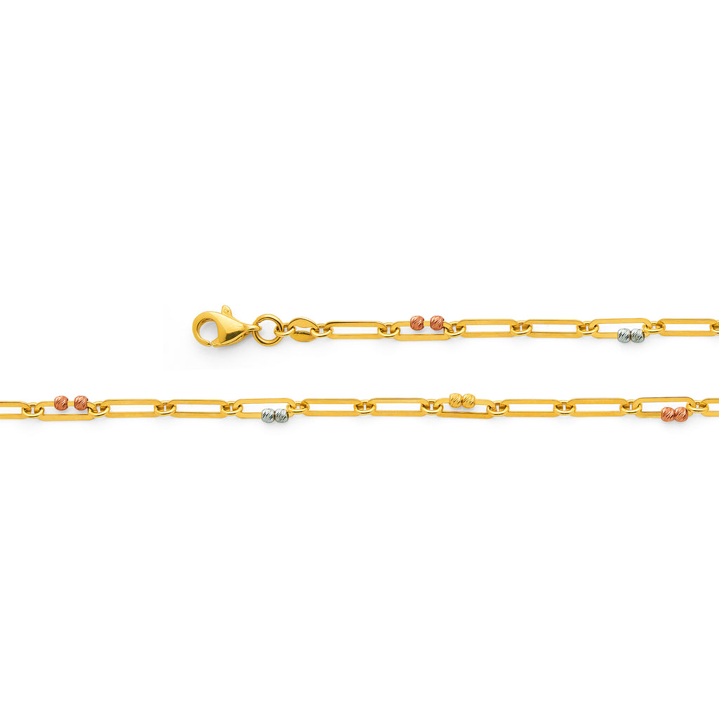 9ct 3-Tone Paperclip Link & Ball Bracelet