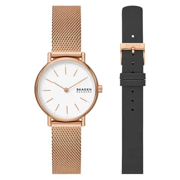 Skagen Anita Lille Rose Tone Mesh Watch Leather Strap Set SK