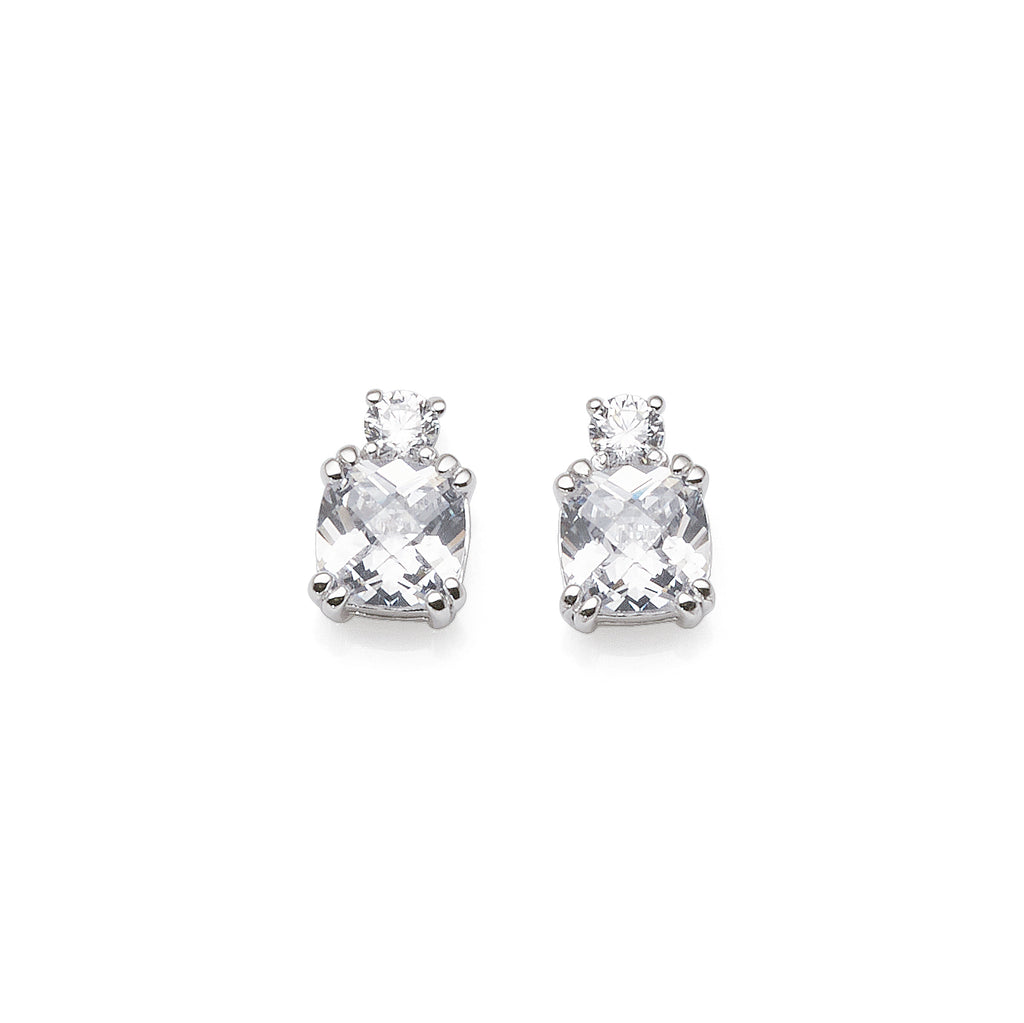 Sterling Silver Cushion Cut & Round Cubic Zirconia Stud Earr