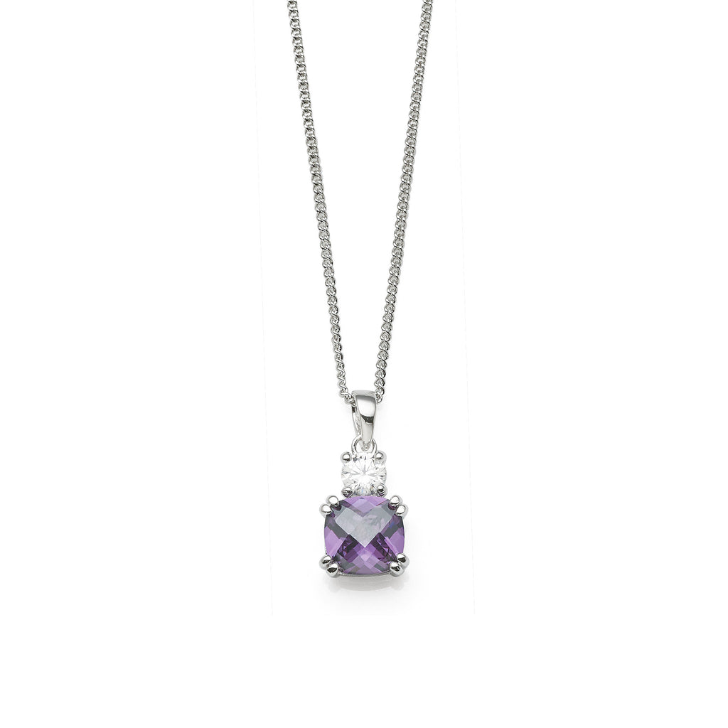 Sterling Silver 8mm Cushion Cut Purple Cubic Zirconia Pendan