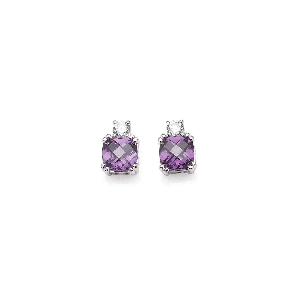 Sterling Silver 6mm Cushion Cut Purple Cubic Zirconia Studs