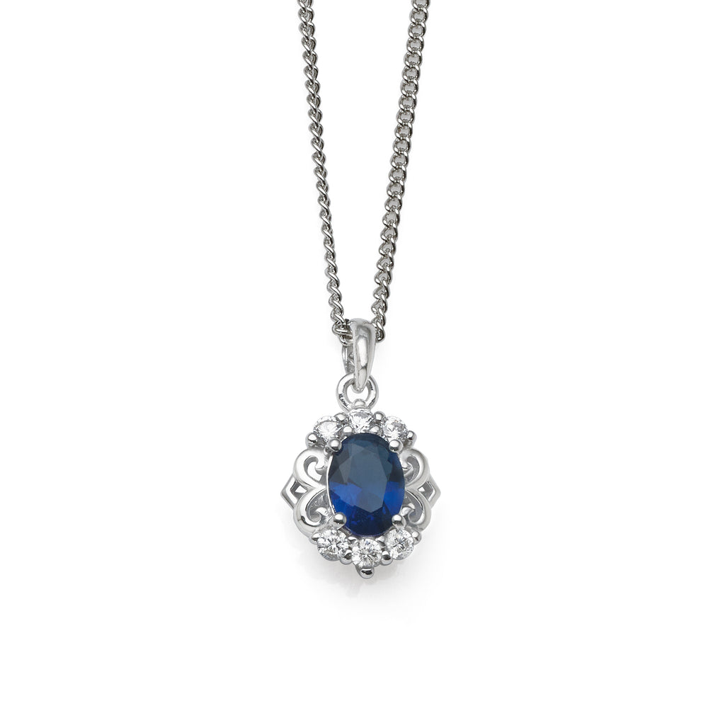 Sterling Silver Oval Blue Cubic Zirconia Filigree Pendant