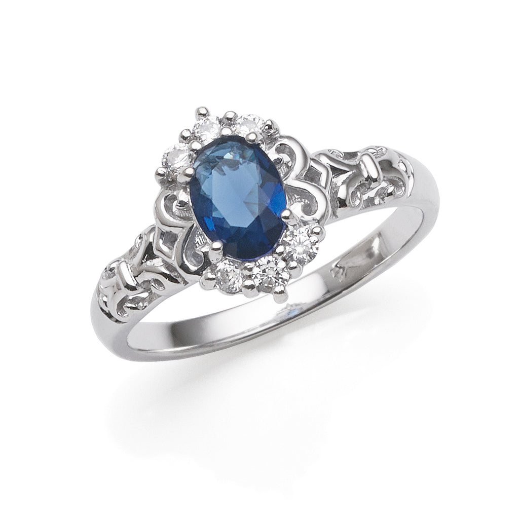 Sterling Silver Oval Blue Cubic Zirconia Filigree Ring