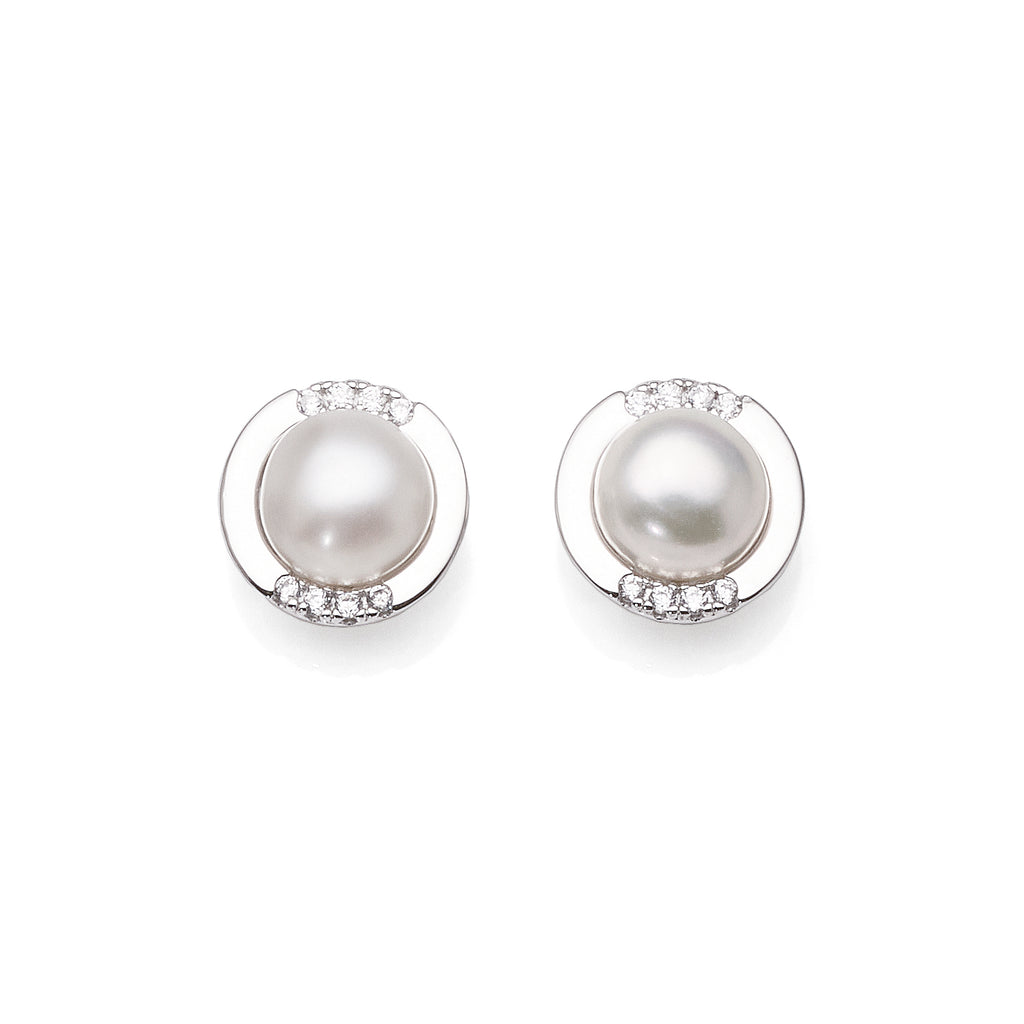 Sterling Silver 7.5mm White Pearl & Cubic Zirconia Studs