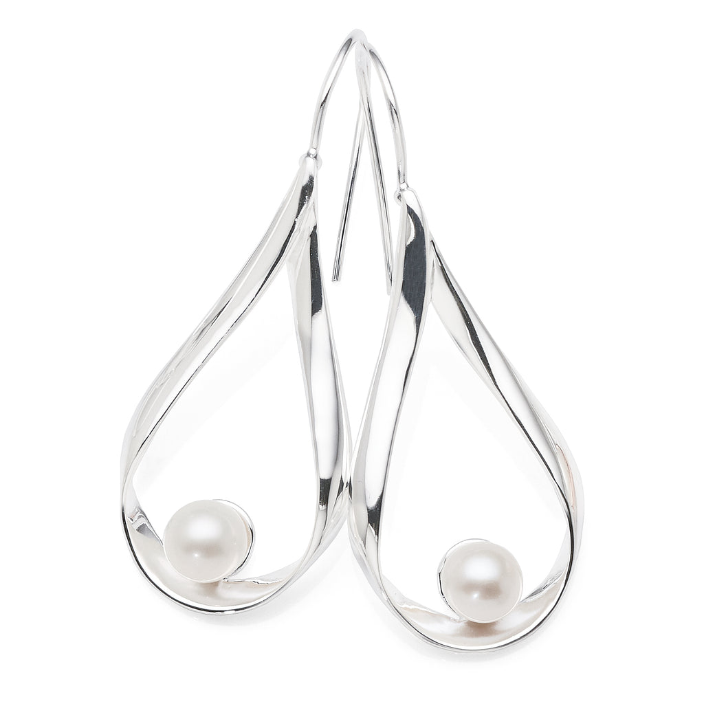 Sterling Silver Open Teardrop Pearl Hook Earrings