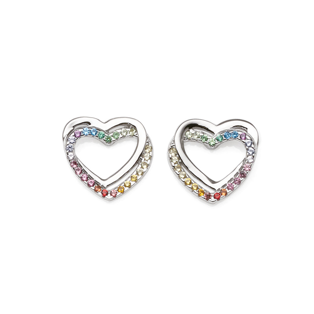 Sterling Silver Multi Colour Open Heart Interlocking Stud Ea