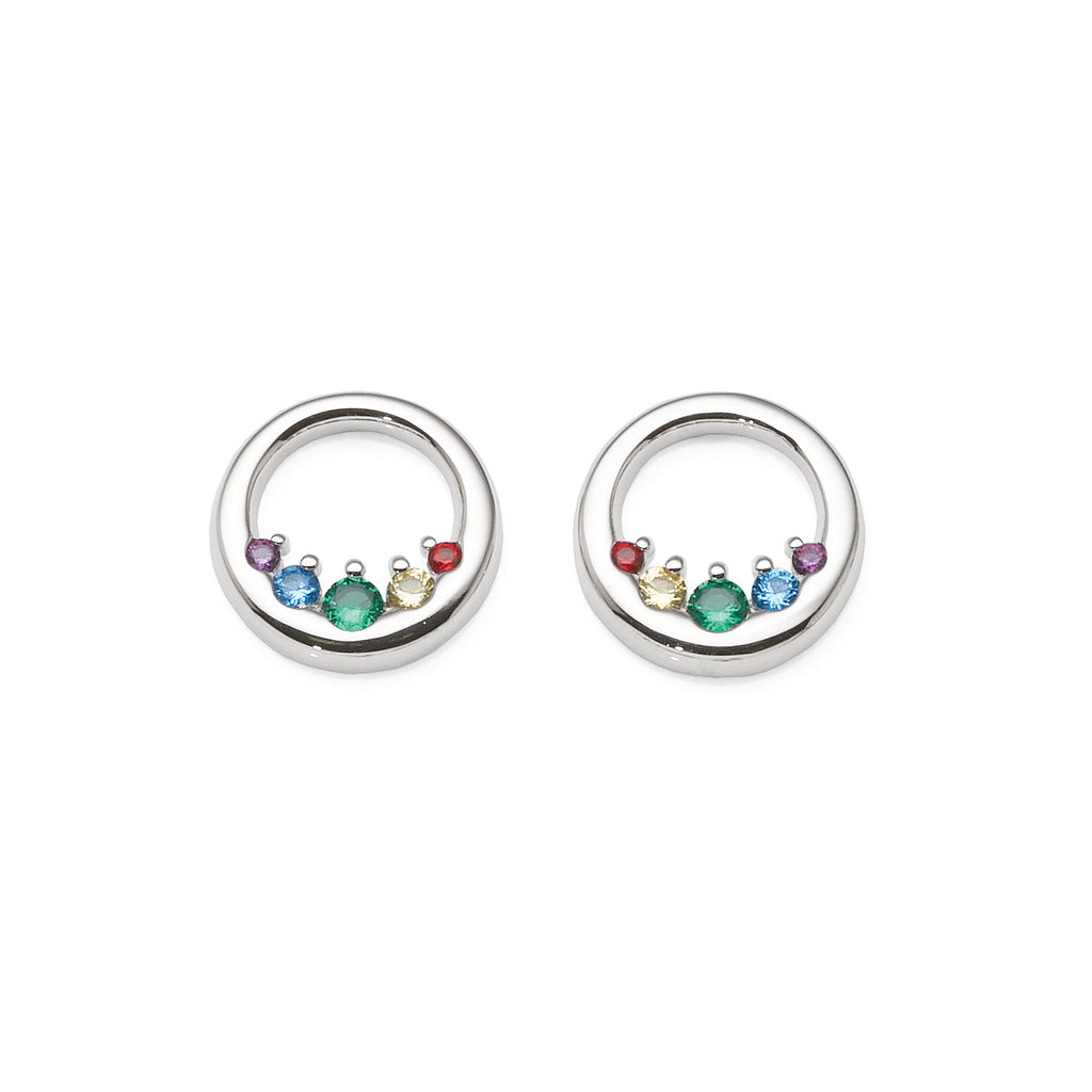 Sterling Silver Rainbow Crystal Open Circle Stud Earrings