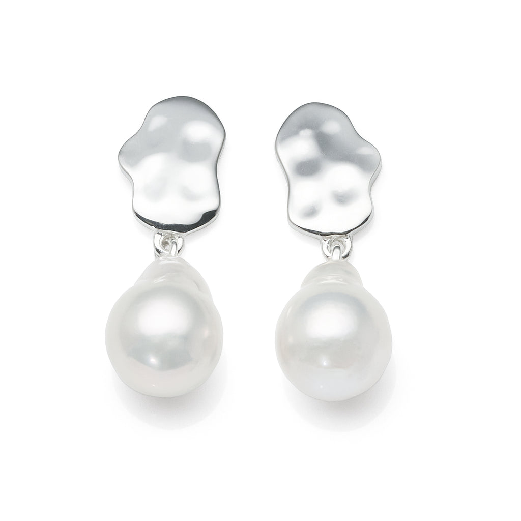 Sterling Silver Hammered Disc & Baroque Pearl Drop Earrings