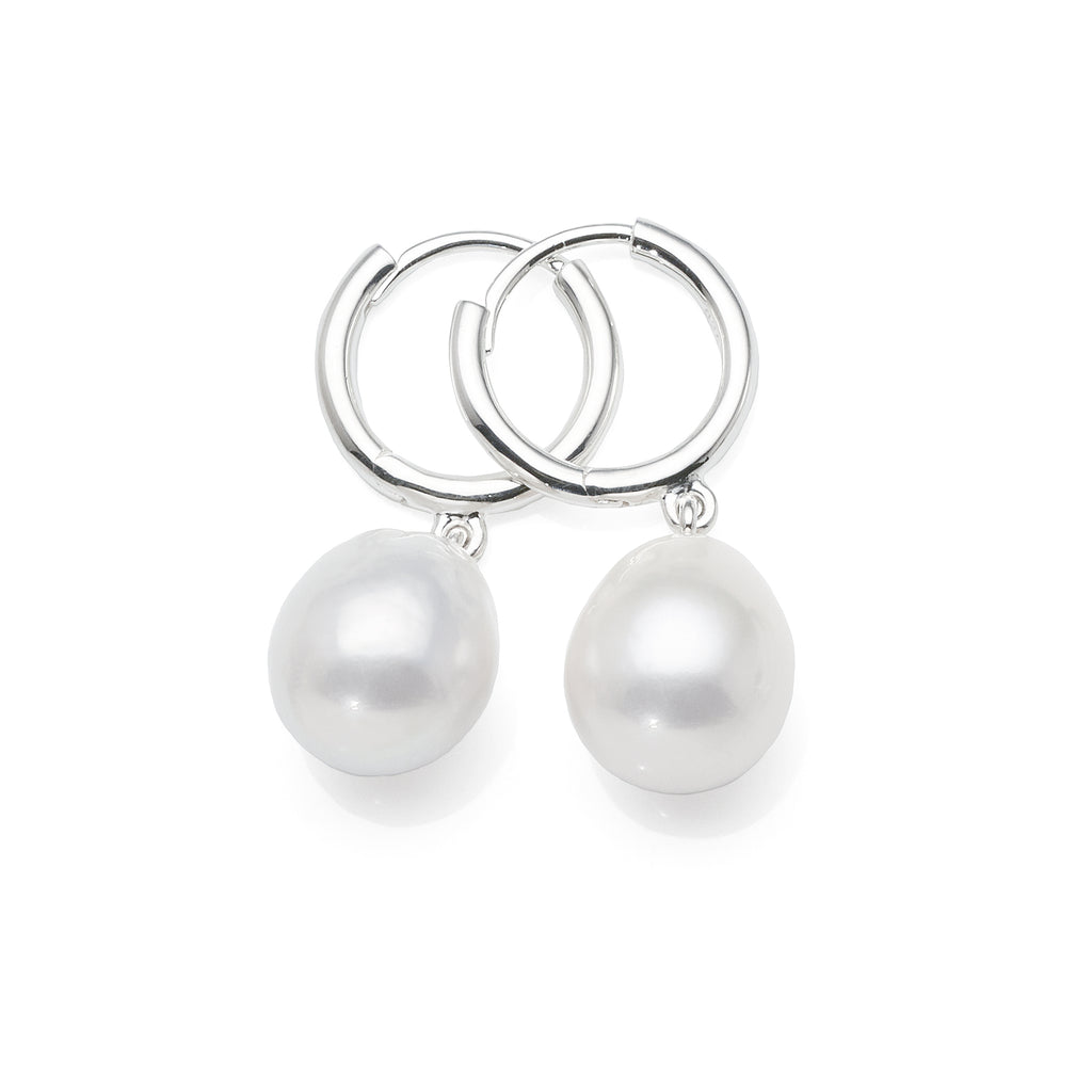 Sterling Silver Baroque Pearl Drop 10mm Huggie Earrings