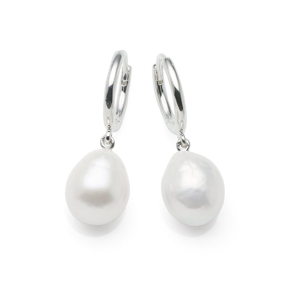 Sterling Silver Baroque Pearl Drop 10mm Huggie Earrings