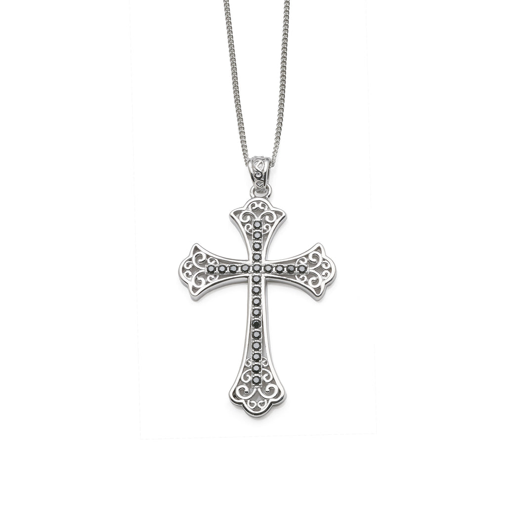 Sterling Silver Black Cubic Zirconia Filigree Cross Pendant