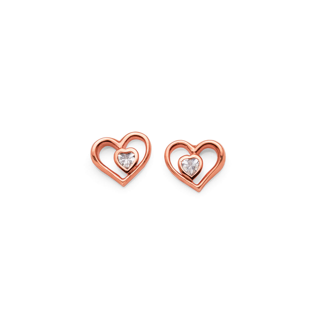 Sterling Silver Rose Tone Cubic Zirconia Open Heart Stud Ear