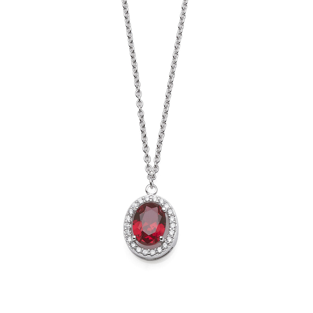 Sterling Silver Oval Red Crystal & Cubic Zirconia Halo Penda