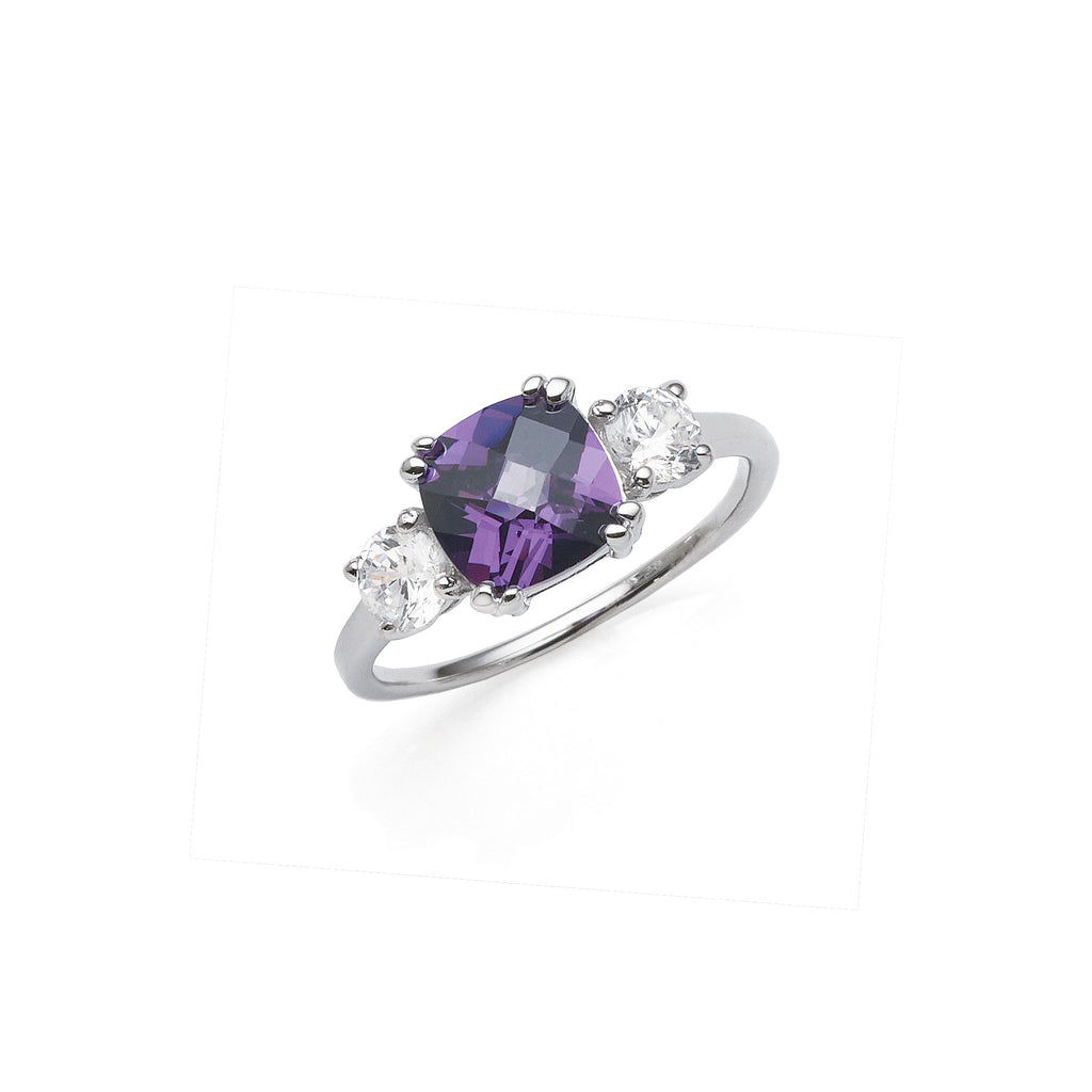 Sterling Silver Purple Cushion Cut & White Cubic Zirconia Ri