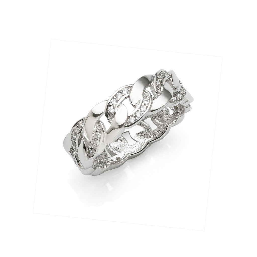 Sterling Silver Grain Set Cubic Zirconia Curb Link Band