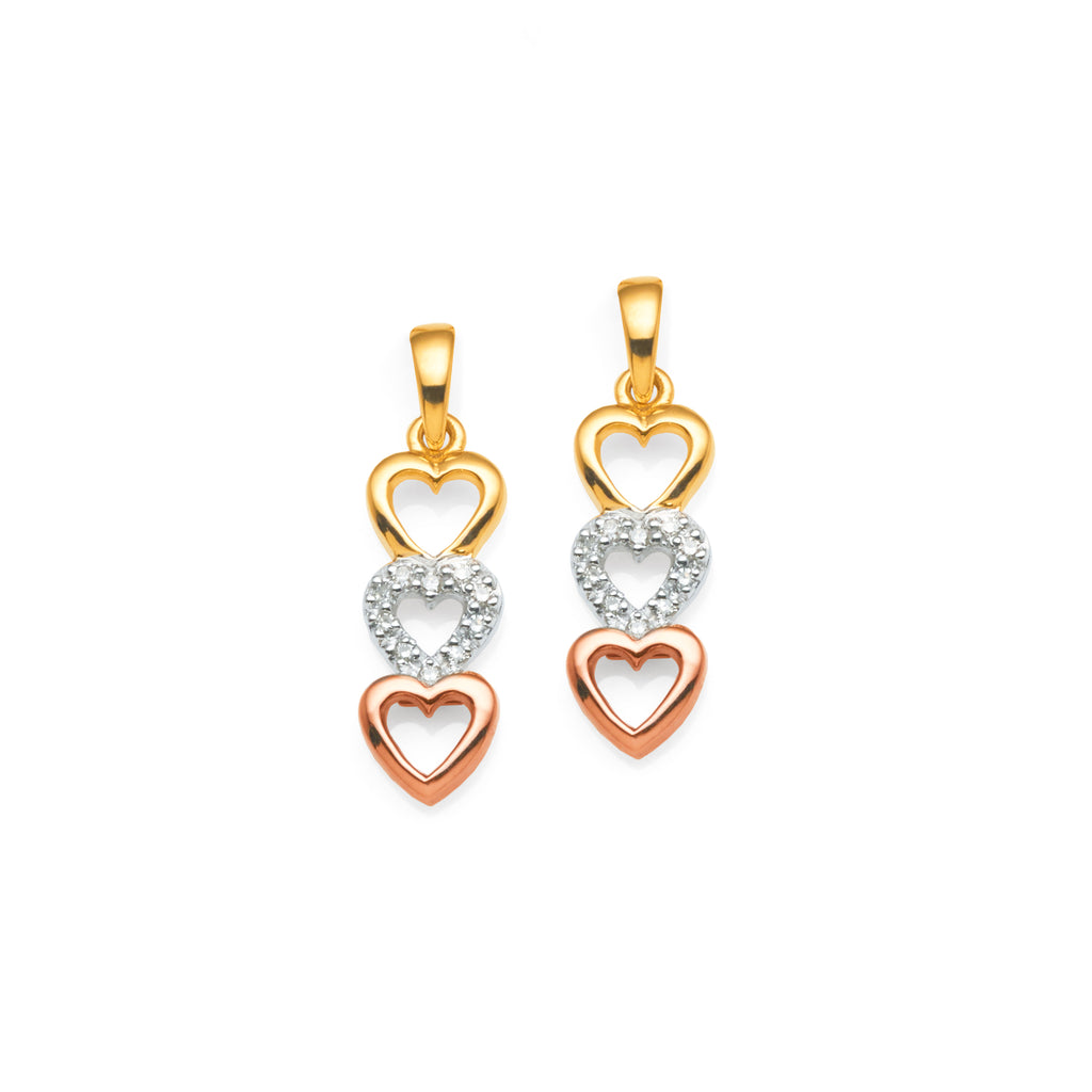 9ct Gold 3-Tone Triple Open Heart Drop Stud Earrings TDW: 0.