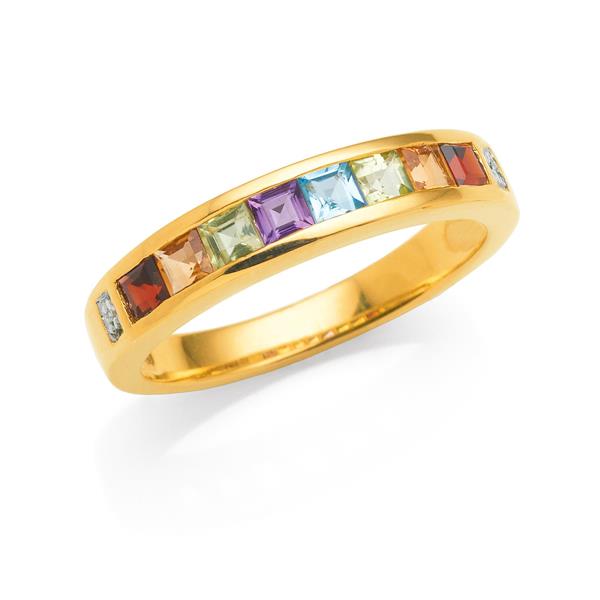 9ct Yellow Gold Multi-Coloured Stone & Diamond Ring