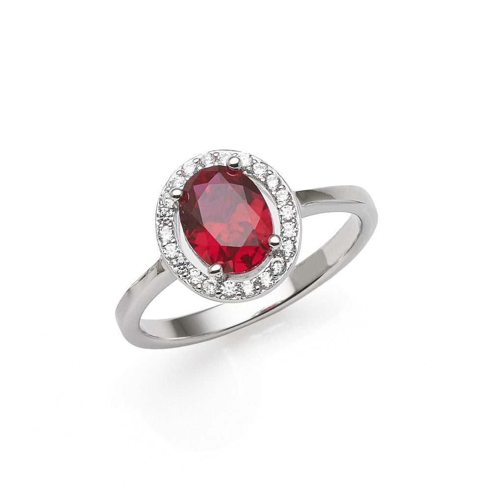 Sterling Silver Oval Red Crystal & Cubic Zirconia Halo Ring