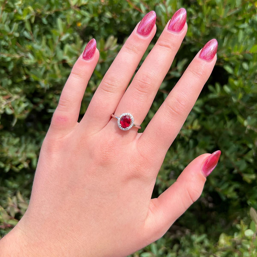 Sterling Silver Oval Red Crystal & Cubic Zirconia Halo Ring