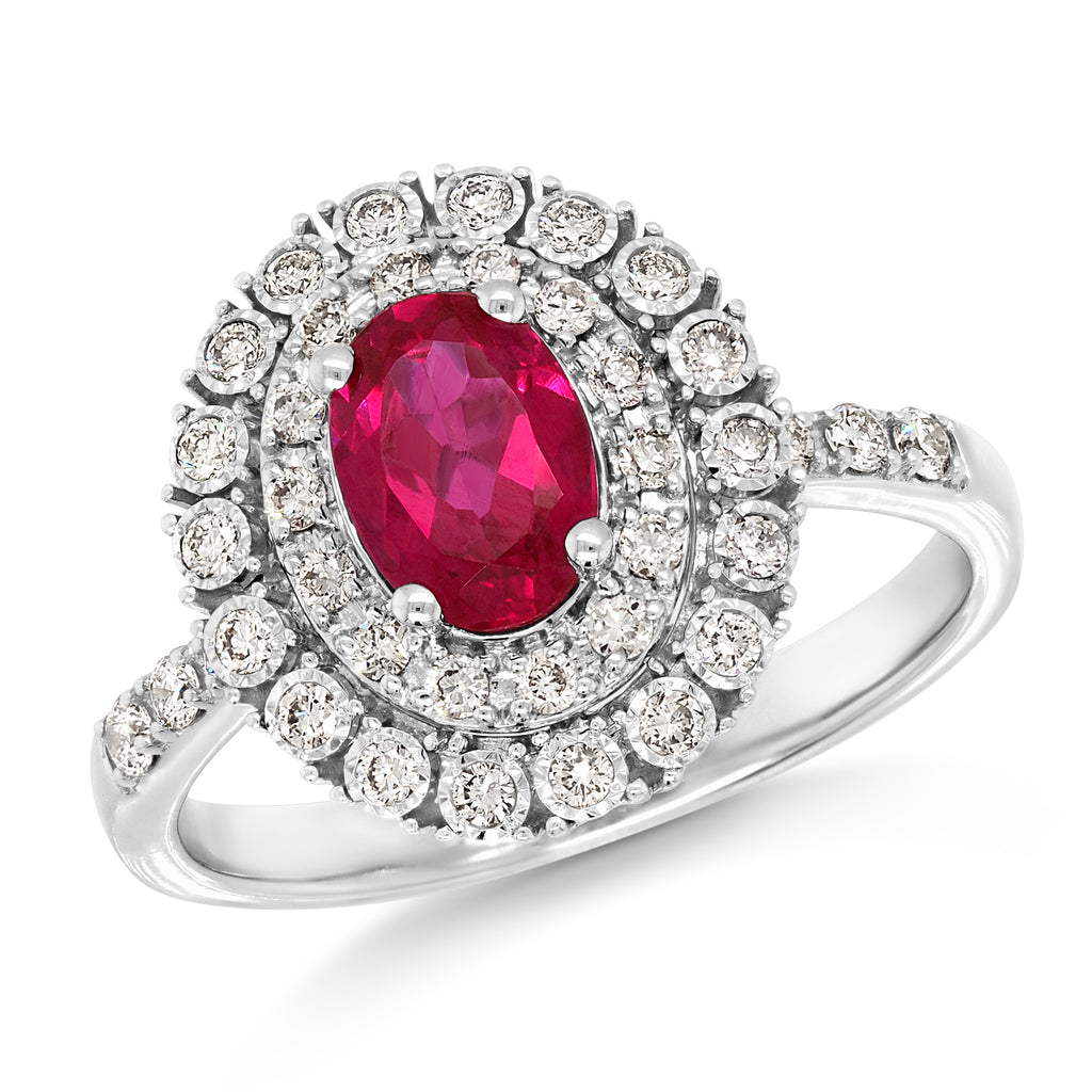 9ct White Gold Oval Created Ruby Double Diamond Halo Ring TD